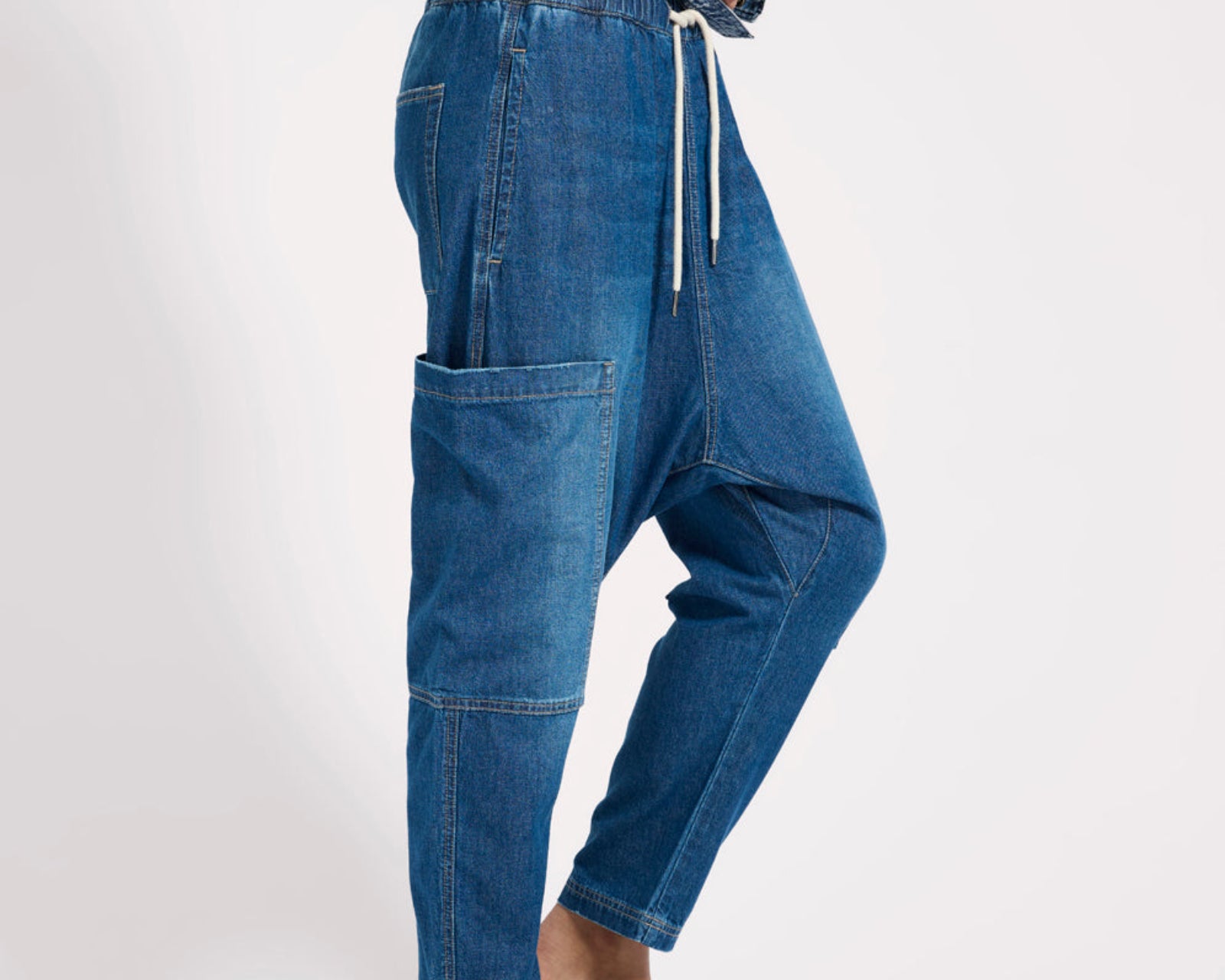 Isla Low Waist Drawstring Harem Denim Jeans - Blue Pasadena