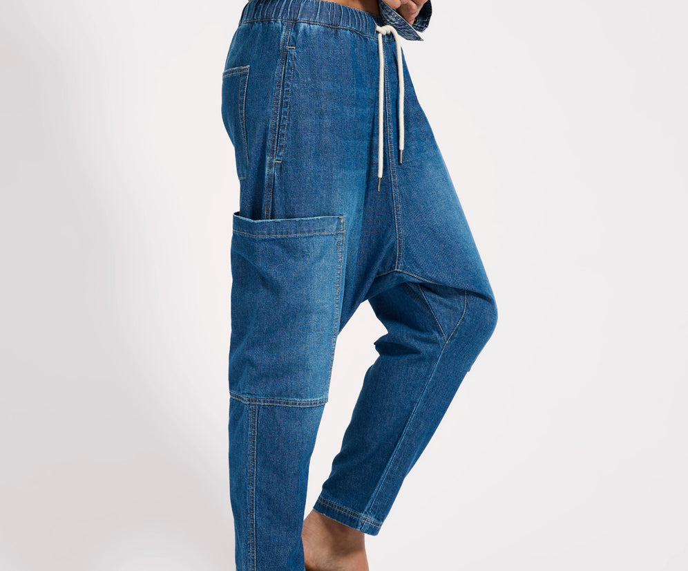 Isla Low Waist Drawstring Harem Denim Jeans - Blue Pasadena