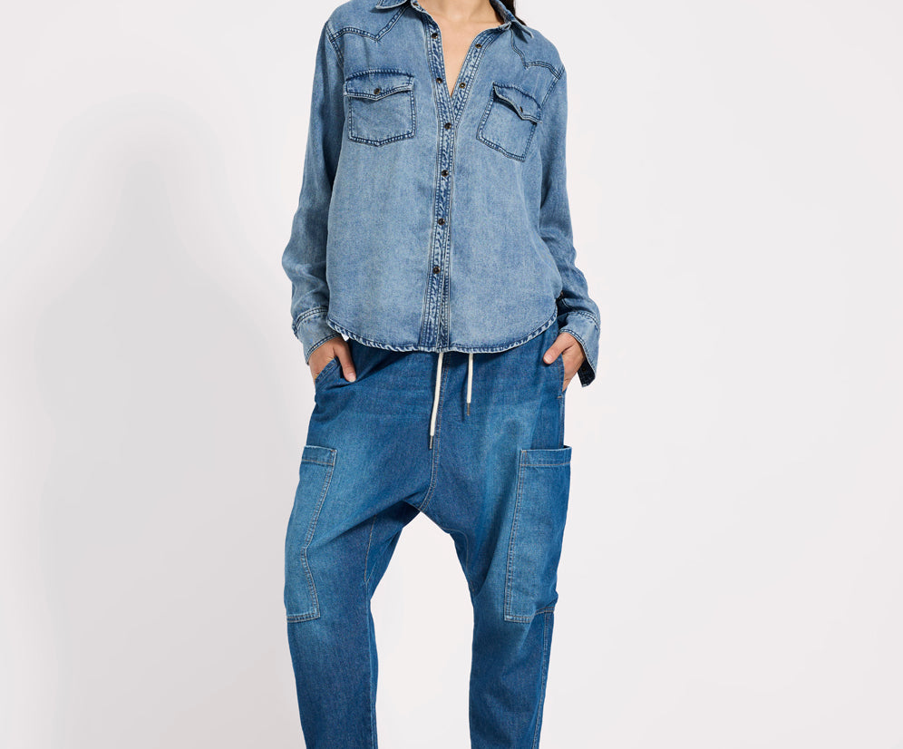 Isla Low Waist Drawstring Harem Denim Jeans - Blue Pasadena