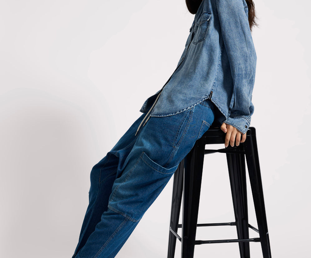 Isla Low Waist Drawstring Harem Denim Jeans - Blue Pasadena