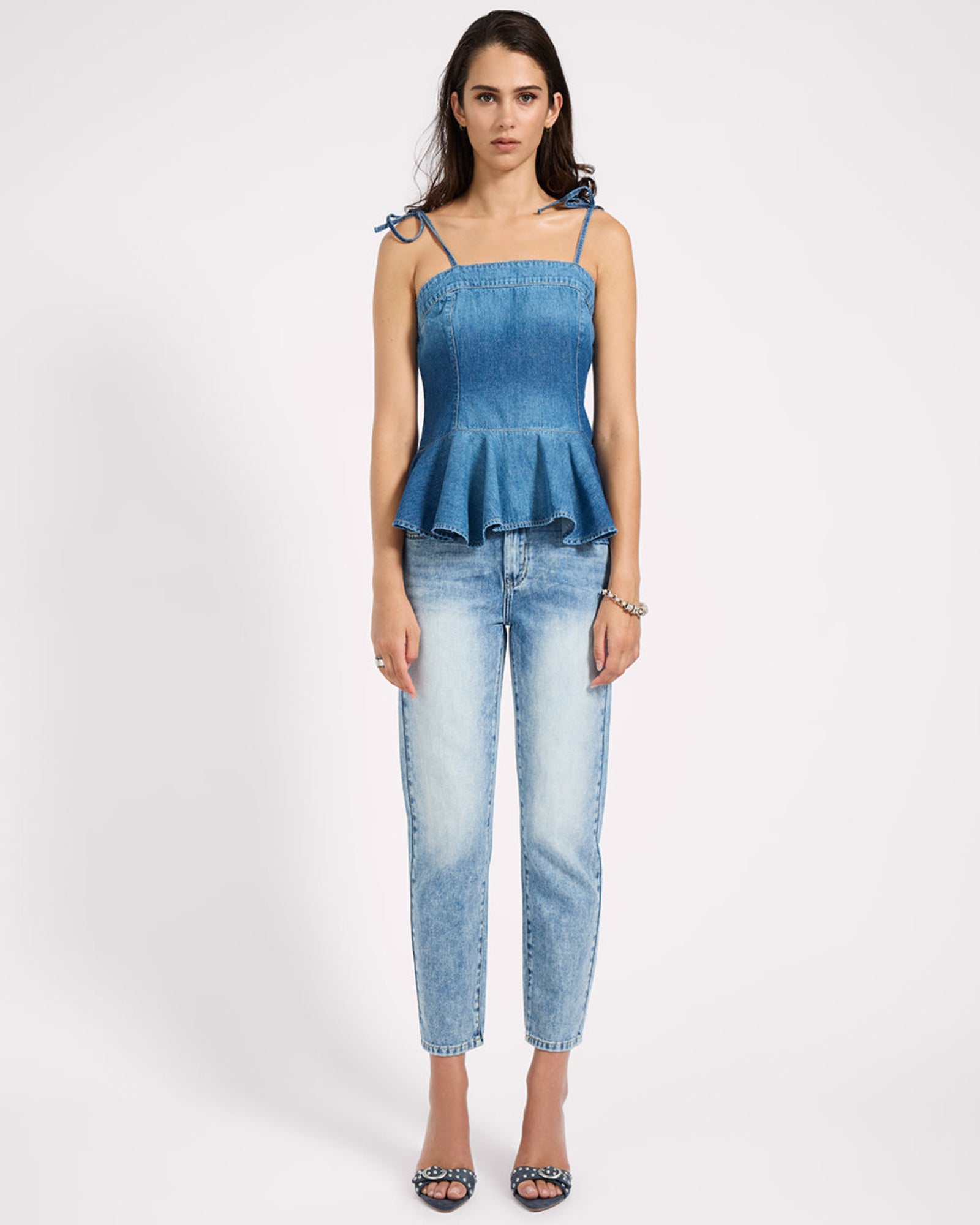 キャミソール DENIM FRILL CAMISOLE TOPS Women's Denim Cami Tops Spaghetti Straps Square Neck Button Down