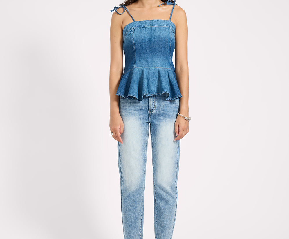 Peplum Frill Cami Denim Top - Blue Pasadena