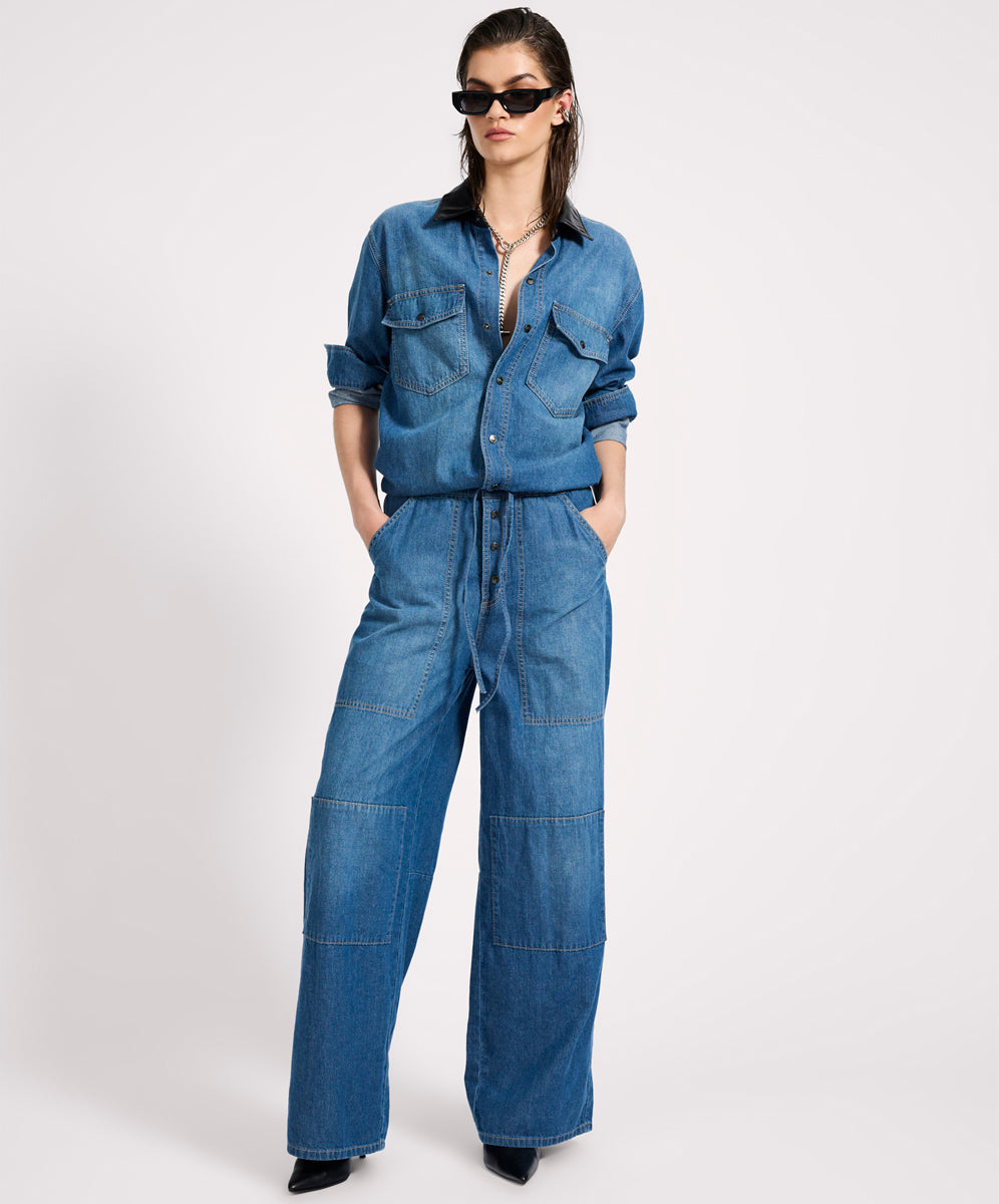 Women's Denim Izzy Drawstring Boiler Denim Jumpsuit - Blue Pasadena