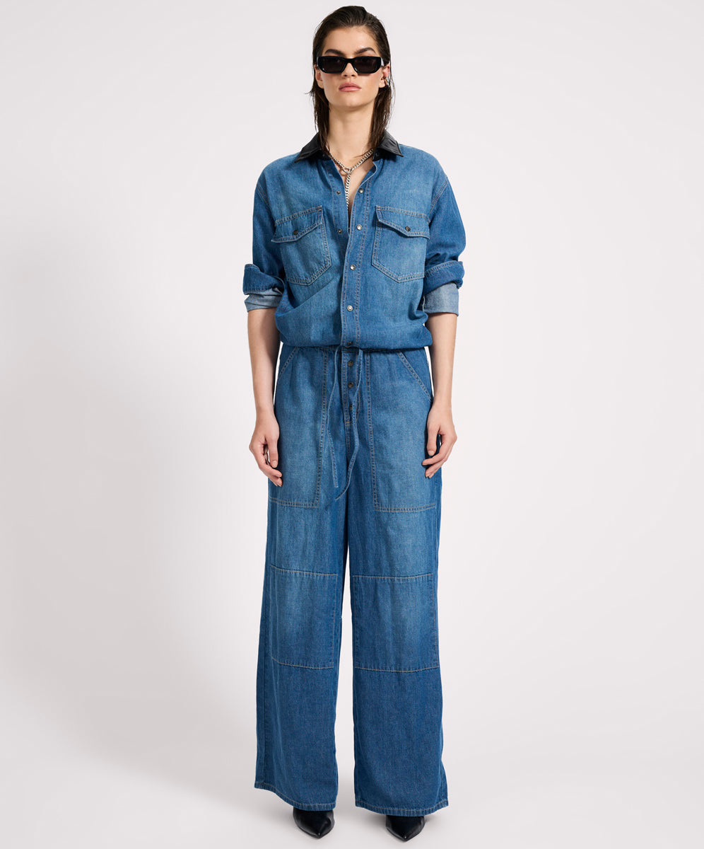 Women's Denim Izzy Drawstring Boiler Denim Jumpsuit - Blue Pasadena