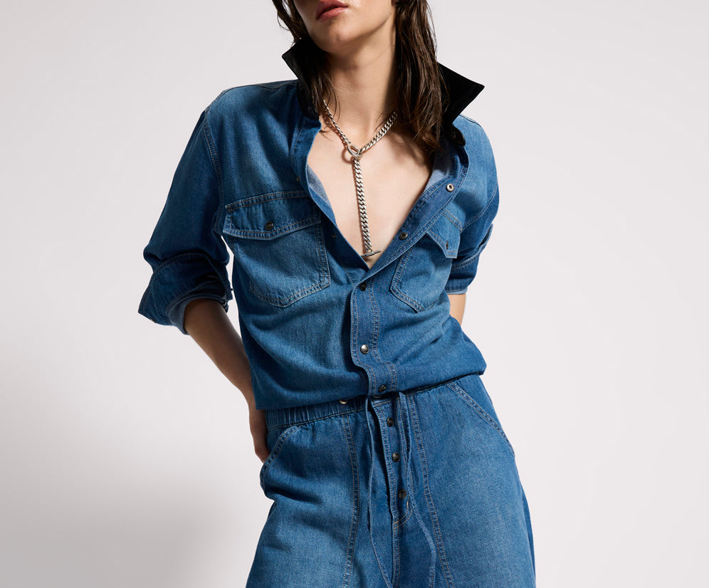 Izzy Drawstring Boiler Denim Jumpsuit - Blue Pasadena
