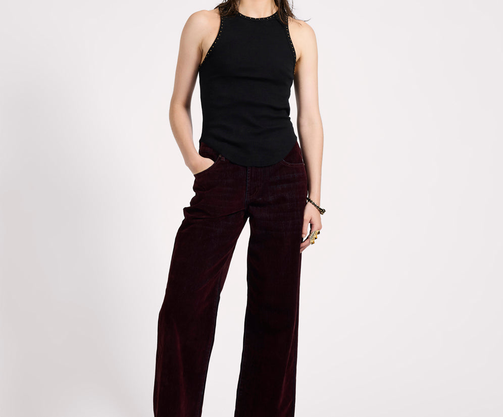 Jackson Mid Waist Wide Leg Velvet Finish Denim Jeans - Flocked Maroon