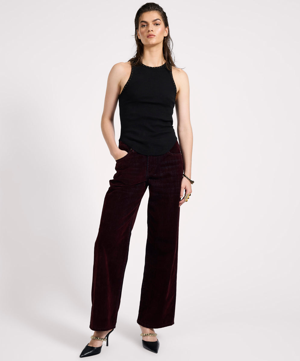 Women's Denim Jackson Mid Waist Wide Leg Velvet Finish Denim Jeans - Flocked Maroon