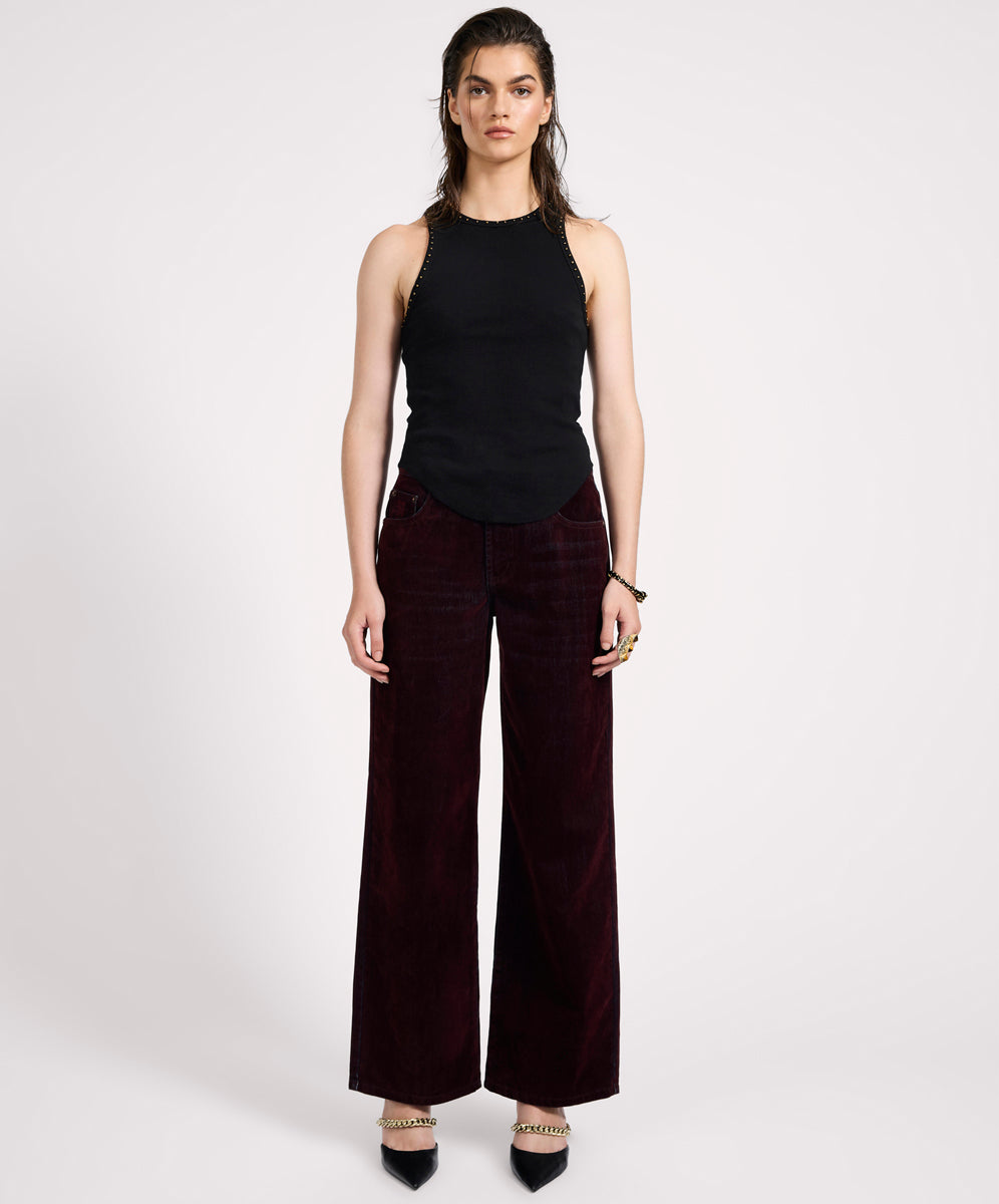 Women's Denim Jackson Mid Waist Wide Leg Velvet Finish Denim Jeans - Flocked Maroon
