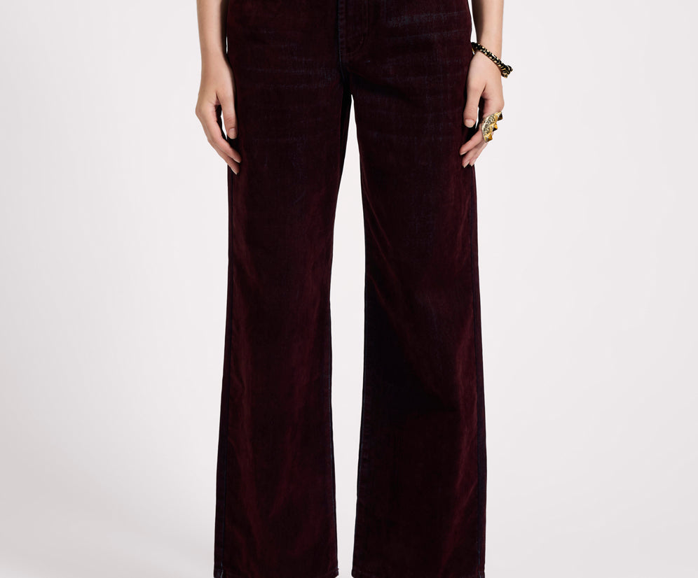 Jackson Mid Waist Wide Leg Velvet Finish Denim Jeans - Flocked Maroon