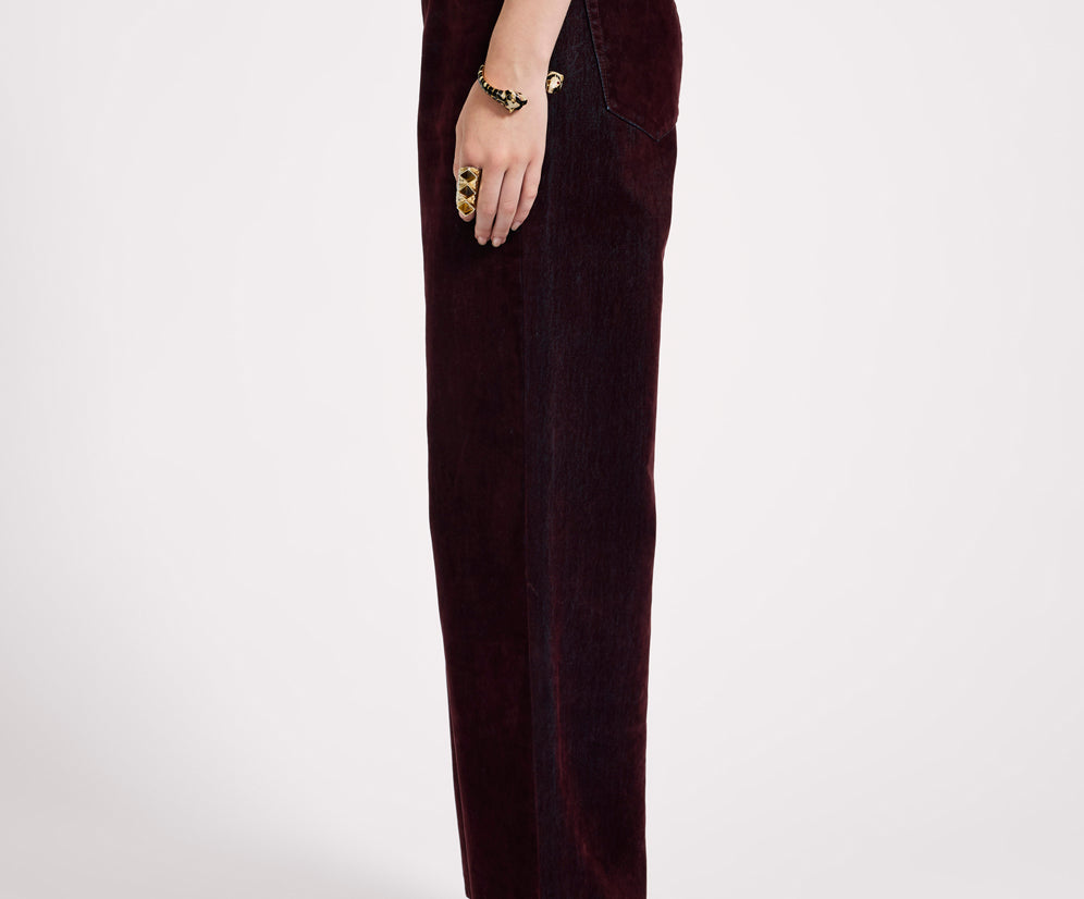 Jackson Mid Waist Wide Leg Velvet Finish Denim Jeans - Flocked Maroon