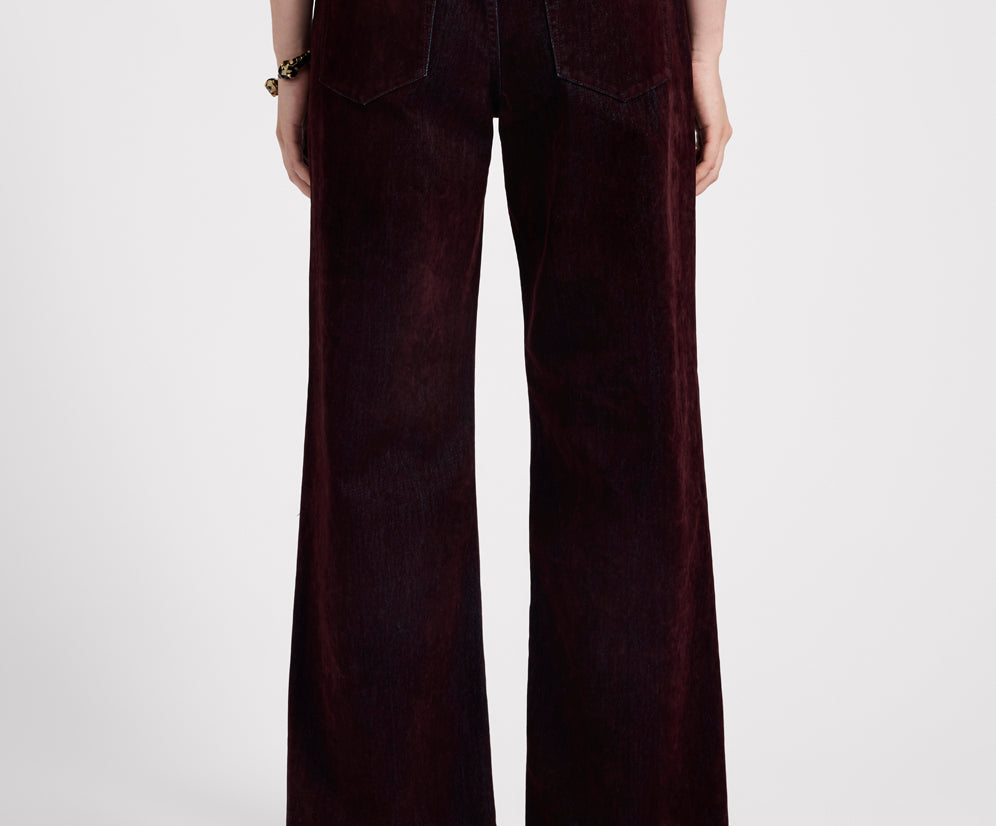 Jackson Mid Waist Wide Leg Velvet Finish Denim Jeans - Flocked Maroon