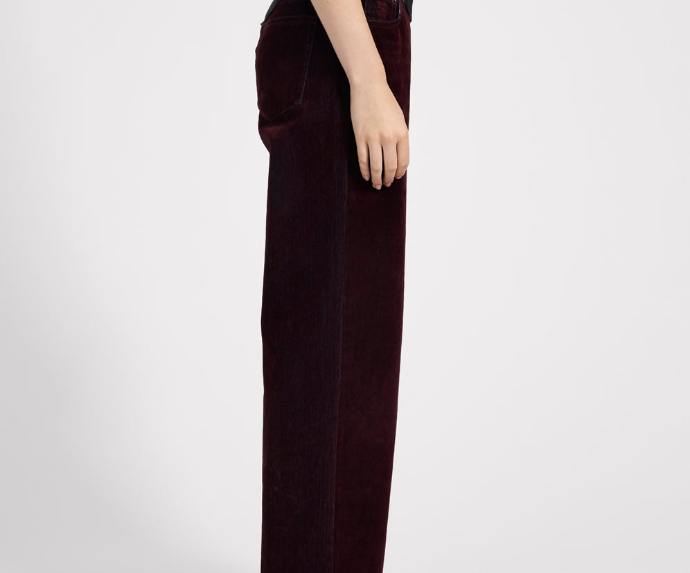 Jackson Mid Waist Wide Leg Velvet Finish Denim Jeans - Flocked Maroon