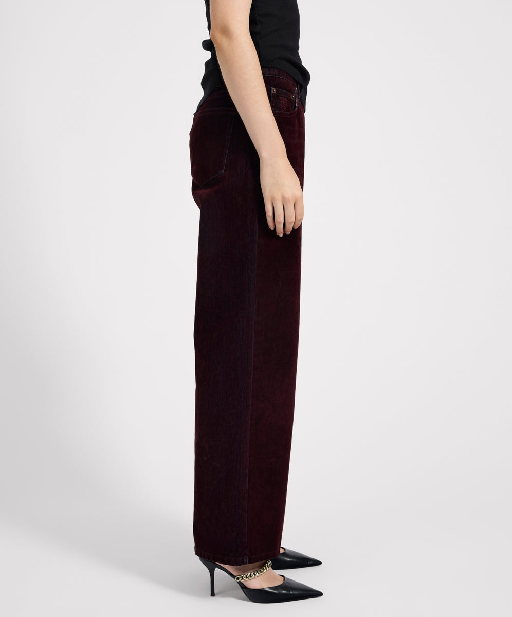 Women's Denim Jackson Mid Waist Wide Leg Velvet Finish Denim Jeans - Flocked Maroon