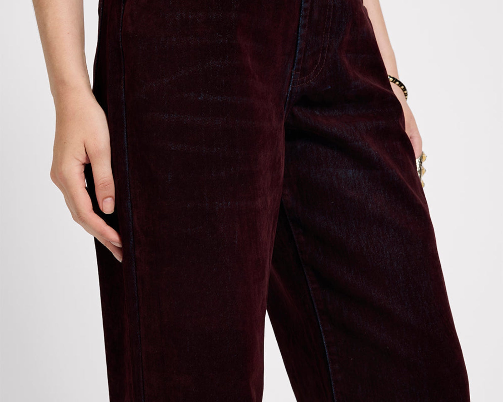Jackson Mid Waist Wide Leg Velvet Finish Denim Jeans - Flocked Maroon