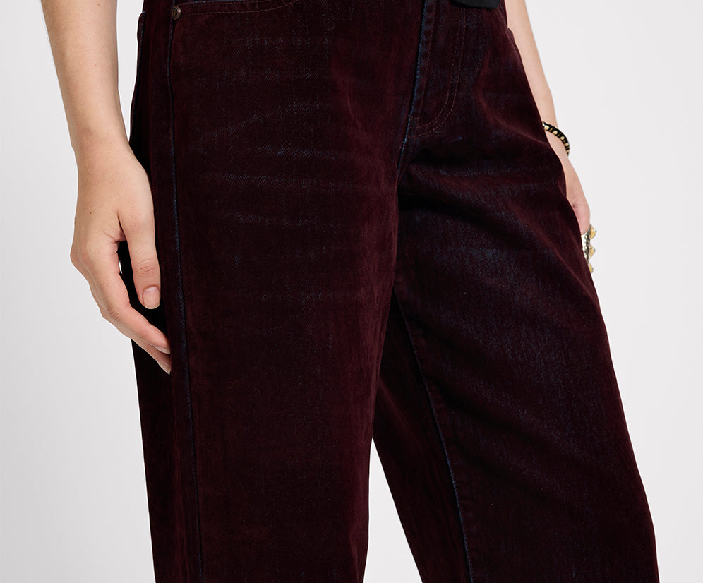 Jackson Mid Waist Wide Leg Velvet Finish Denim Jeans - Flocked Maroon