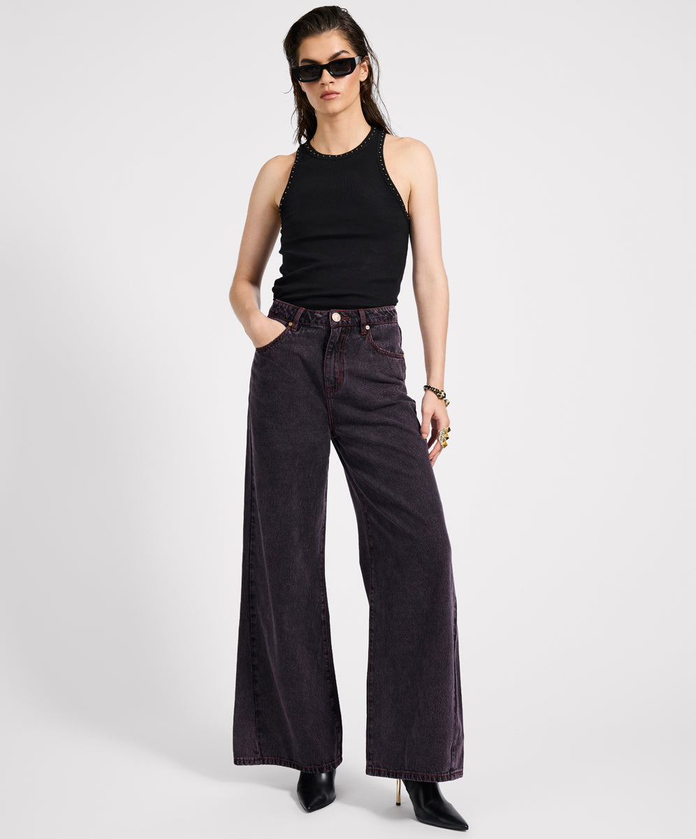  Love Machines Mid Waist Super Wide Leg Denim Jeans - Black Pink