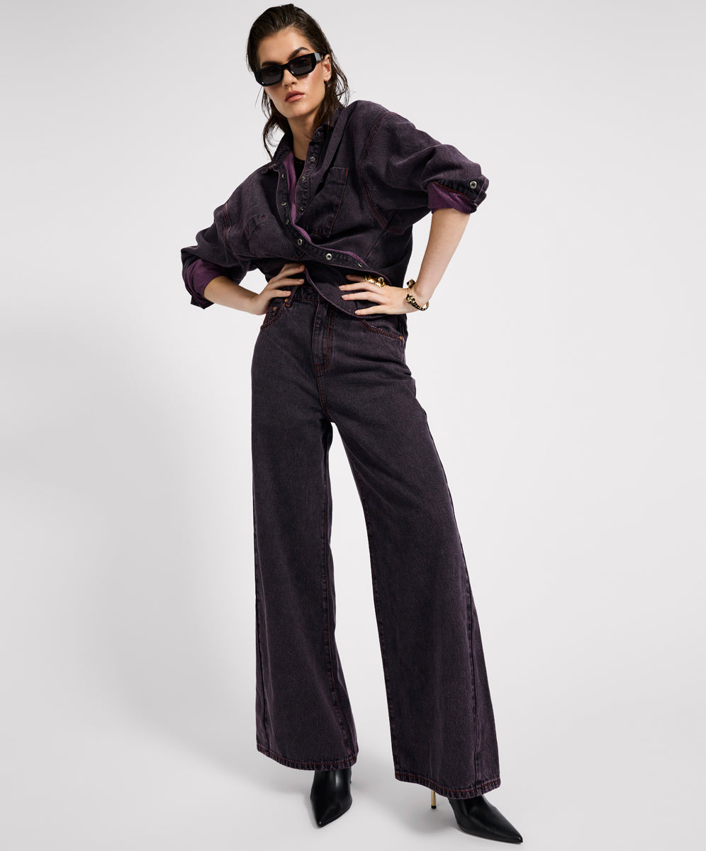  Love Machines Mid Waist Super Wide Leg Denim Jeans - Black Pink