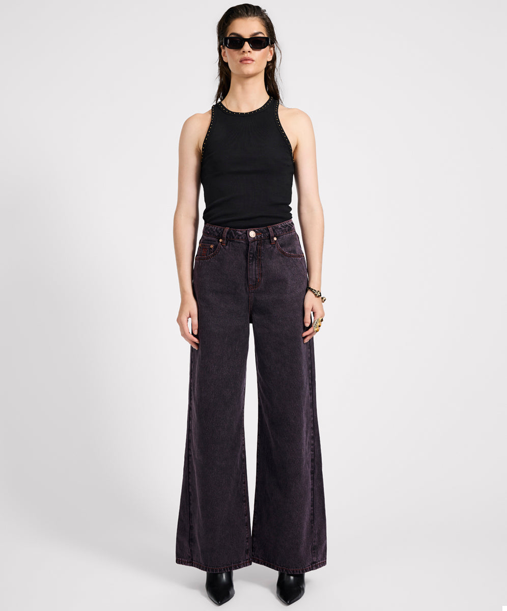  Love Machines Mid Waist Super Wide Leg Denim Jeans - Black Pink