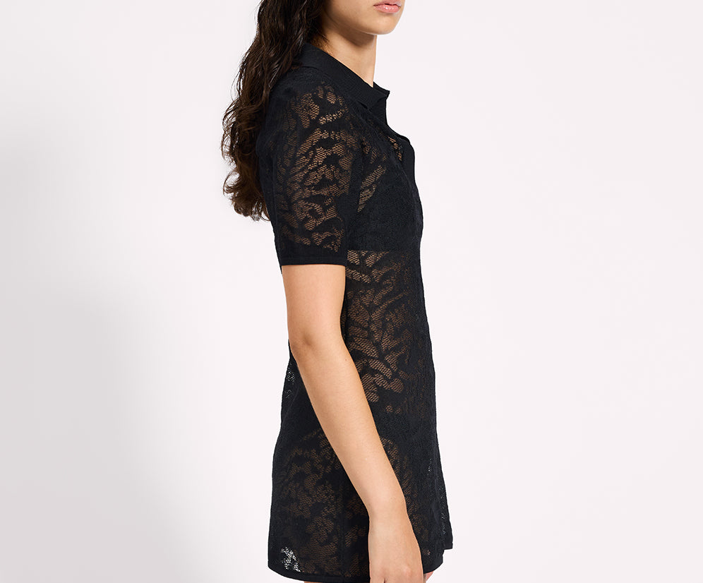 Sheer Lace-Look Knitted Mesh Mini Dress - Black