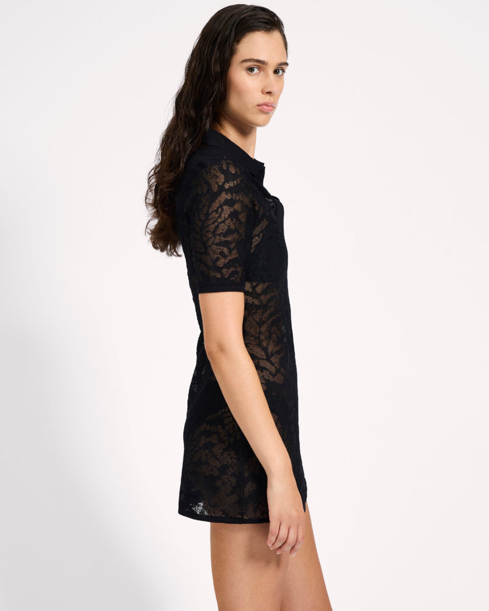 Sheer Lace-Look Knitted Mesh Mini Dress - Black | One Teaspoon