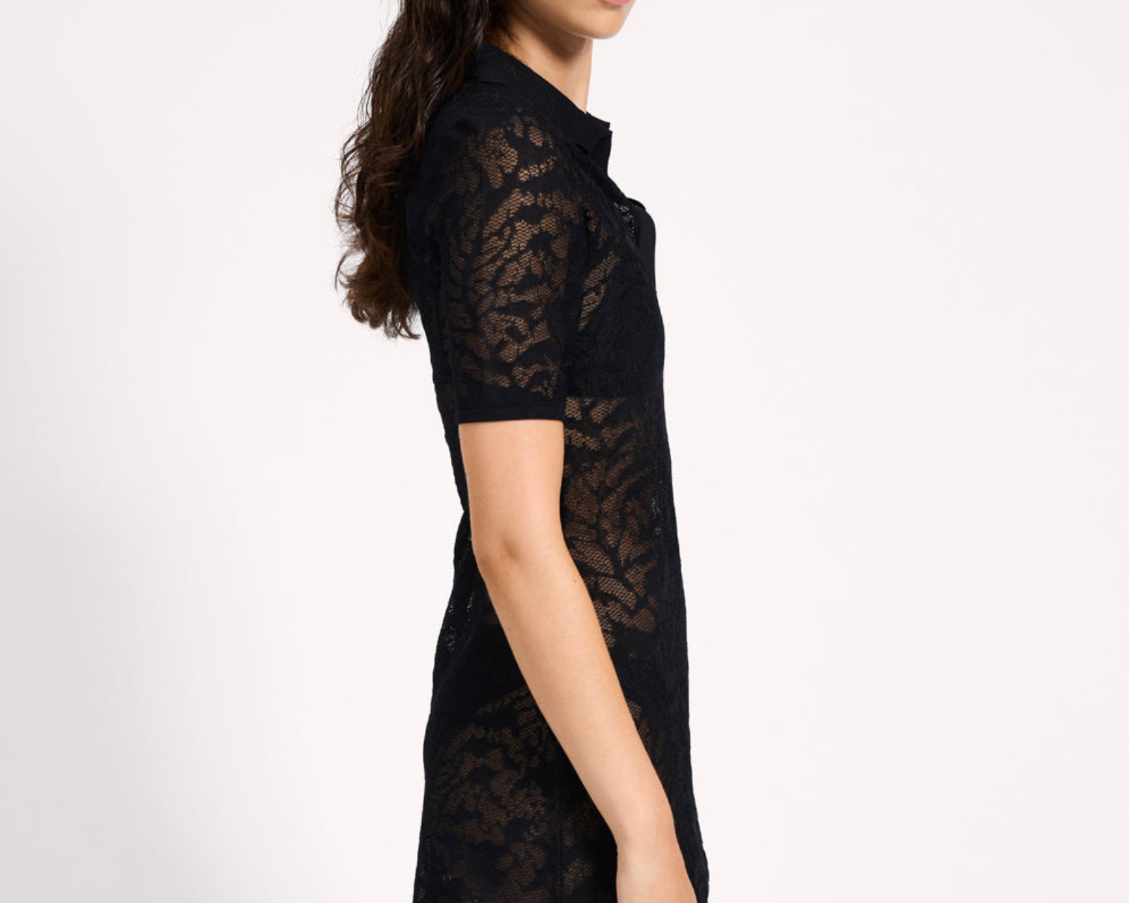 Sheer Lace-Look Knitted Mesh Mini Dress - Black