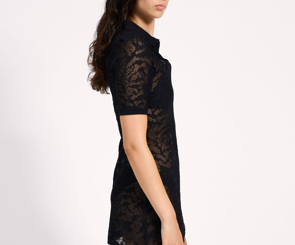 Sheer Lace-Look Knitted Mesh Mini Dress - Black