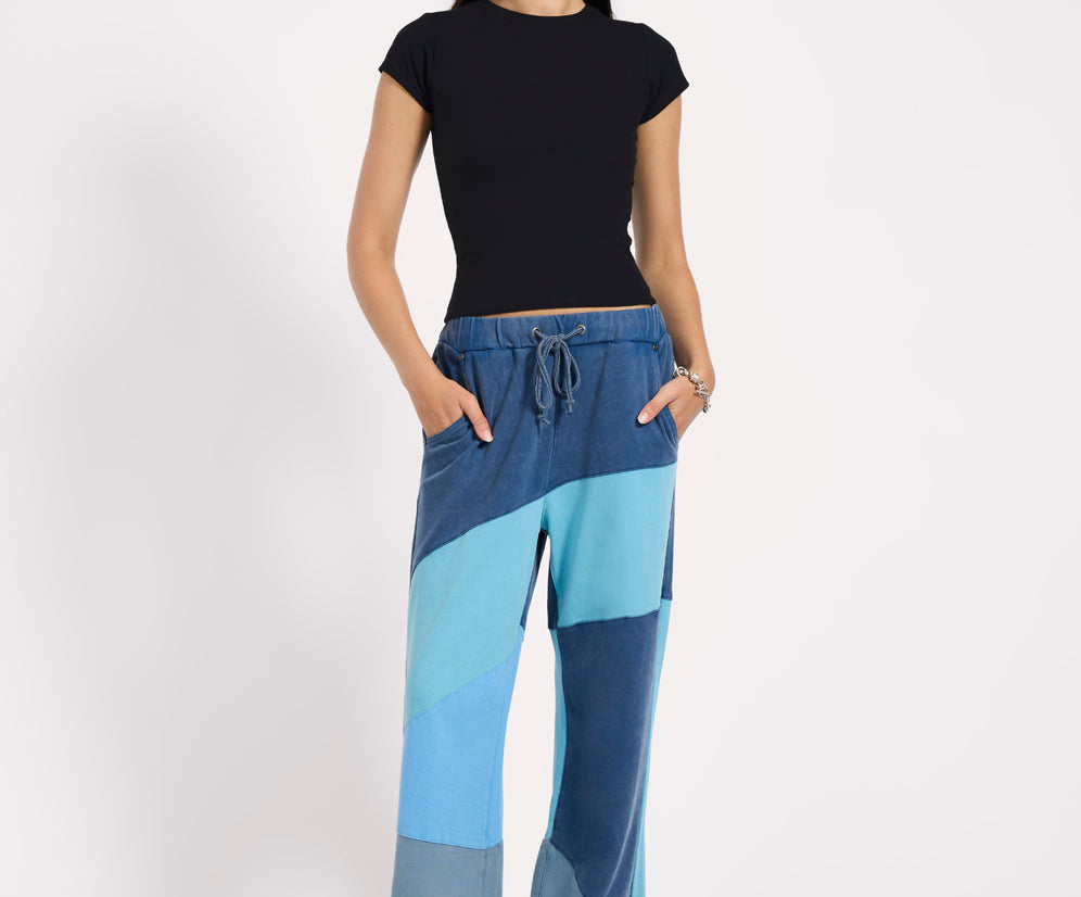 PATCHWORK WIDE LEG FLEECE SWEATPANTS