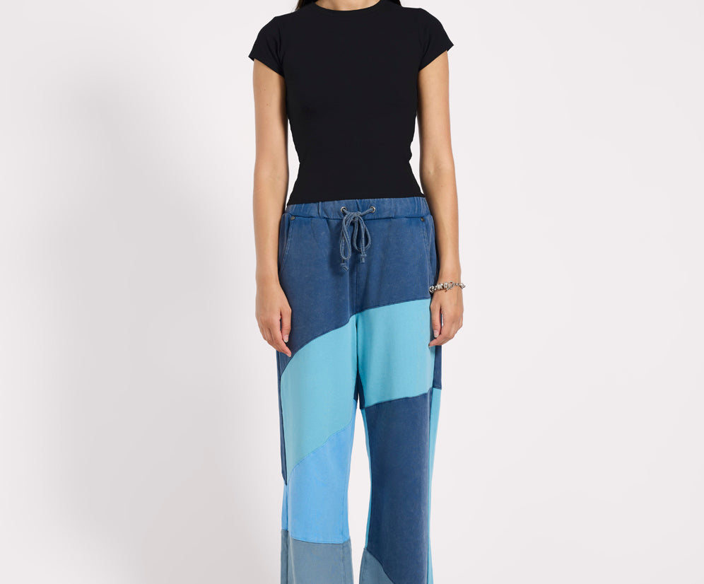 PATCHWORK WIDE LEG FLEECE SWEATPANTS