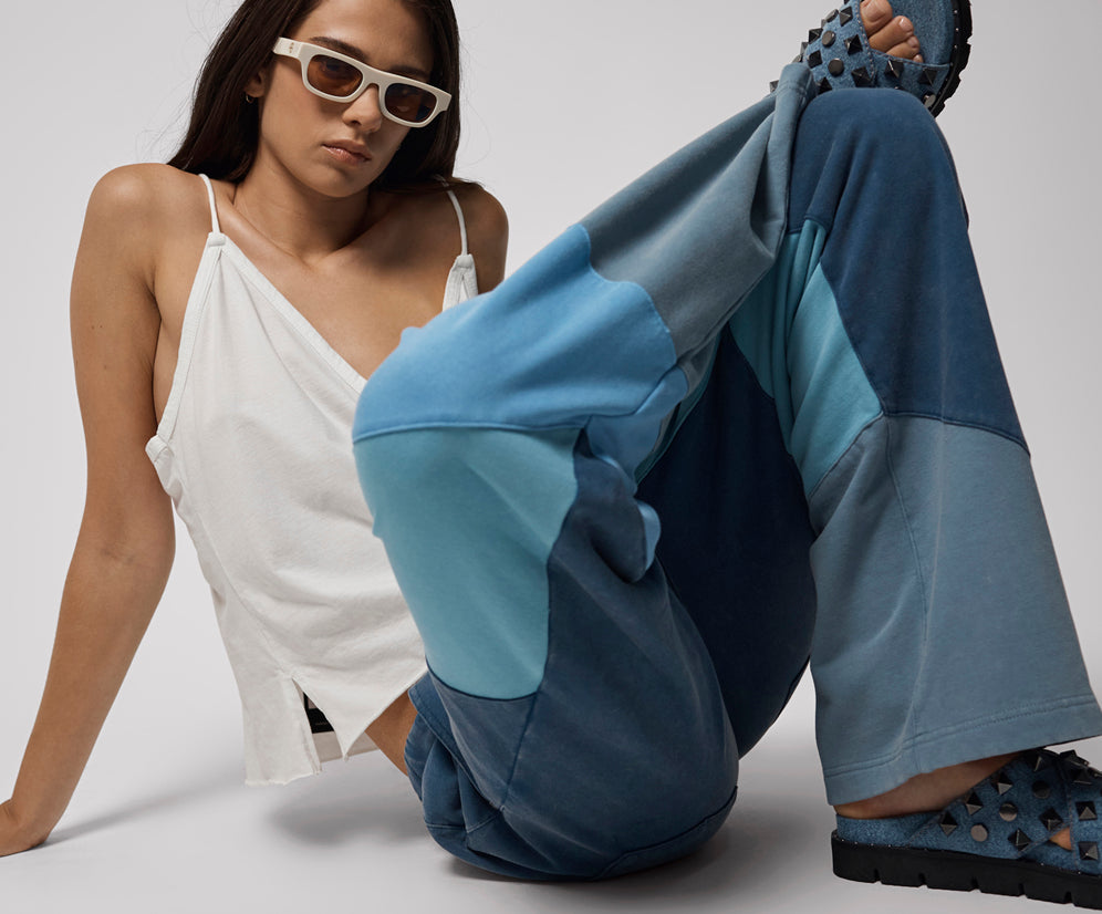 PATCHWORK WIDE LEG FLEECE SWEATPANTS