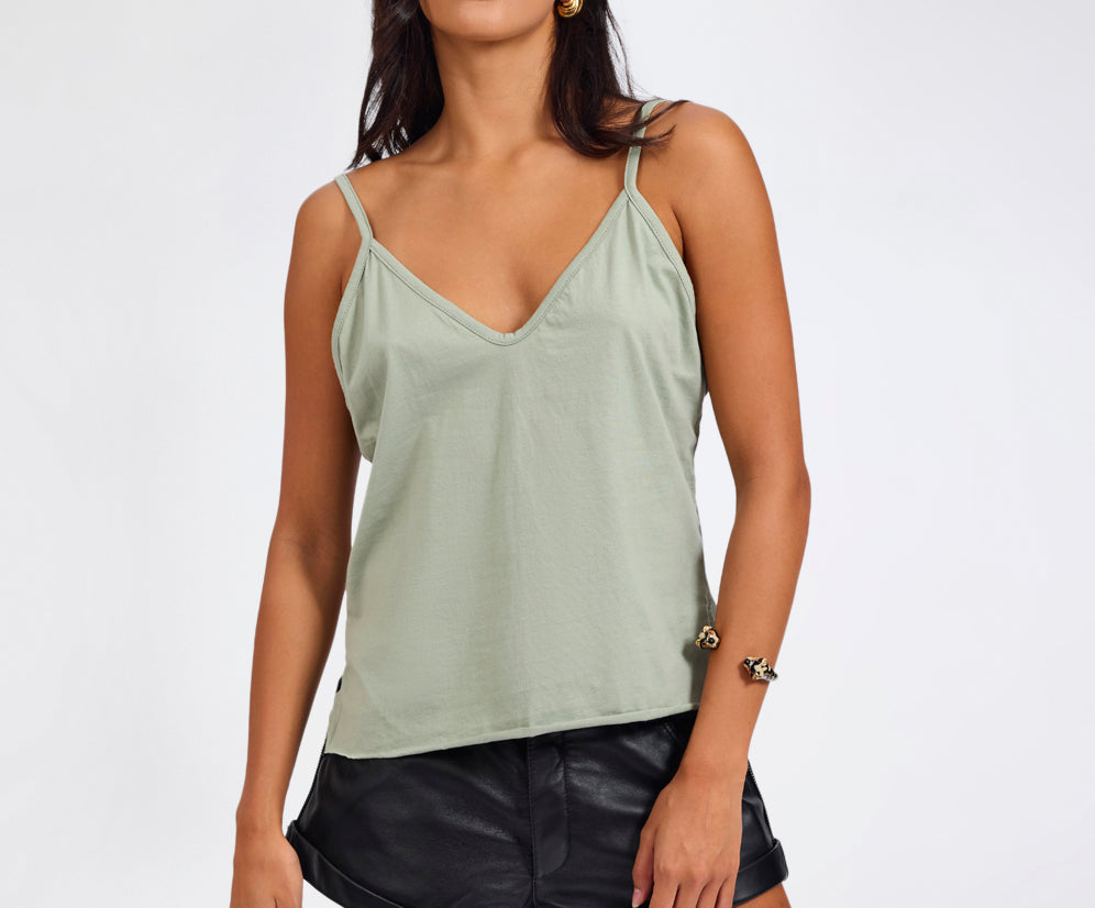 Deep V Front Cotton Singlet - Khaki