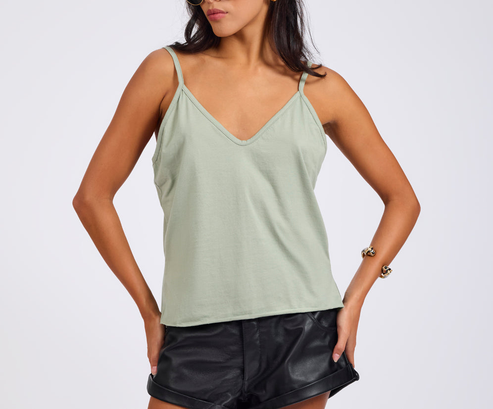 Deep V Front Cotton Singlet - Khaki