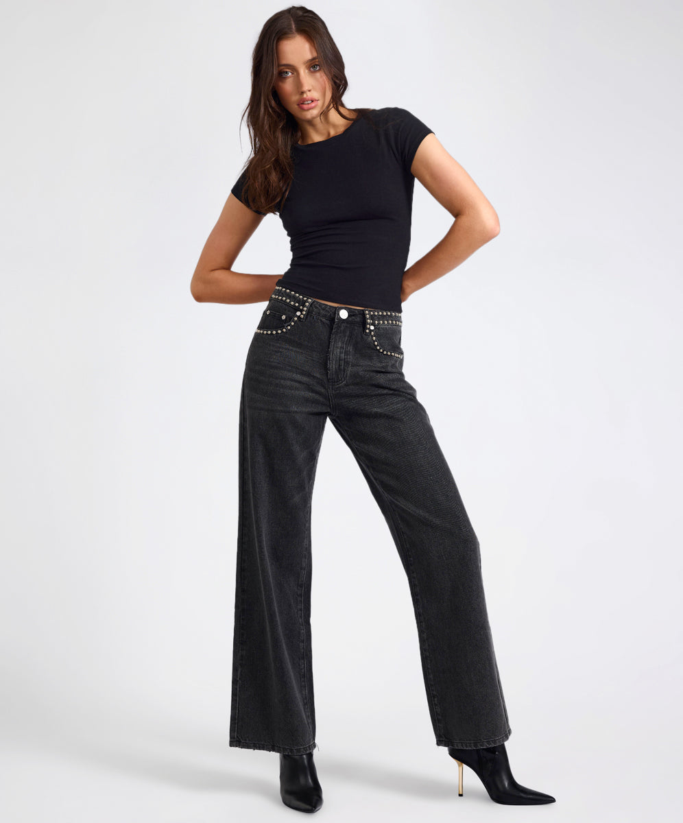 Rebel In Bloom Jackson Mid Waist Wide Leg Studded Denim Jeans - Black
