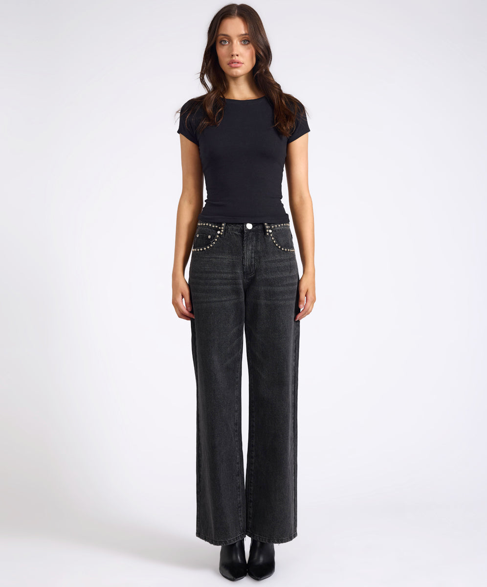Rebel In Bloom Jackson Mid Waist Wide Leg Studded Denim Jeans - Black