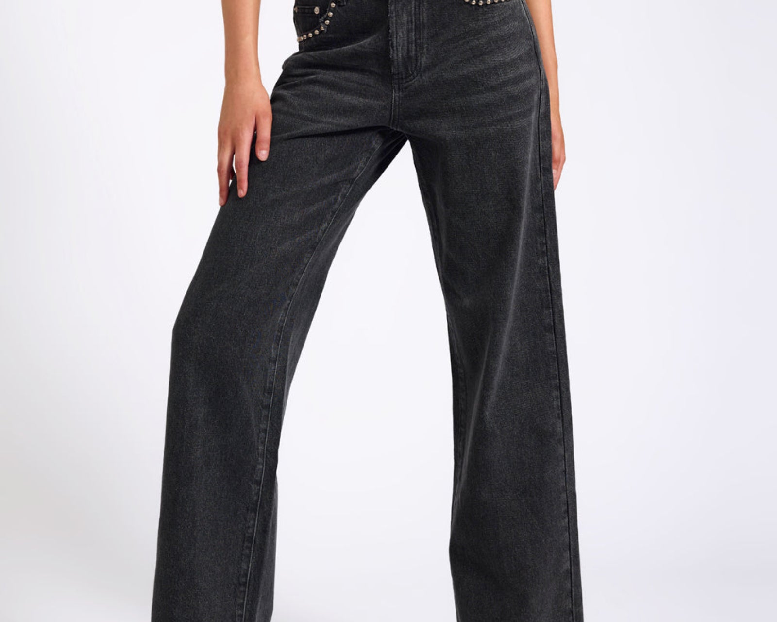 Jackson Mid Waist Wide Leg Studded Denim Jeans - Black