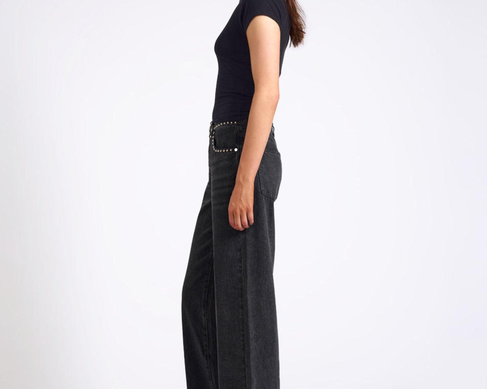Jackson Mid Waist Wide Leg Studded Denim Jeans - Black