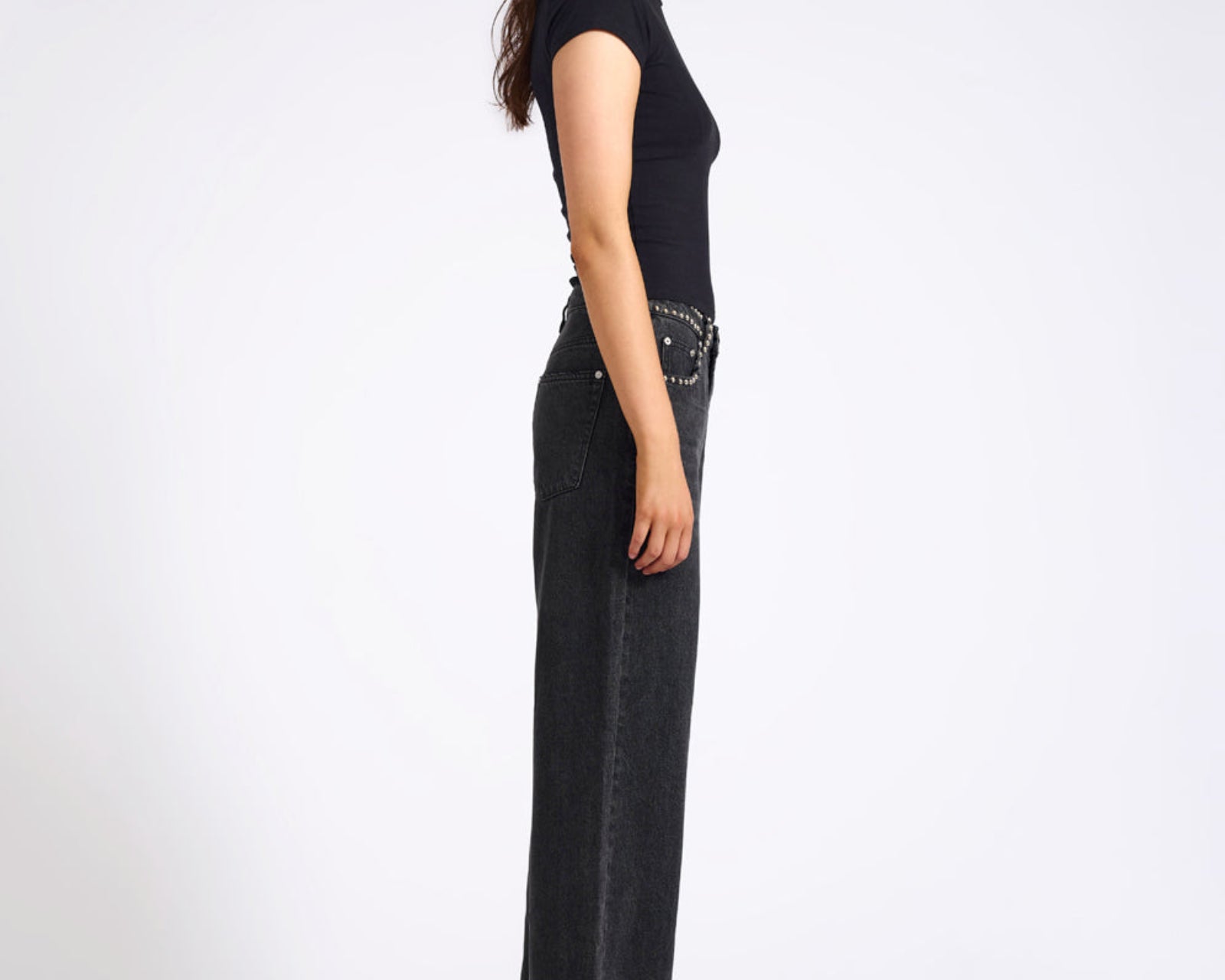 Jackson Mid Waist Wide Leg Studded Denim Jeans - Black