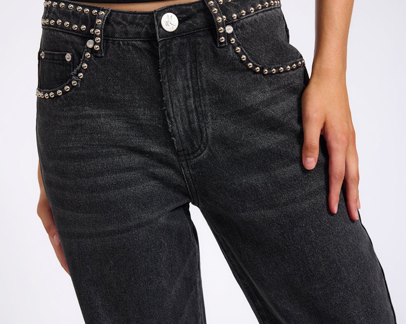 Jackson Mid Waist Wide Leg Studded Denim Jeans - Black