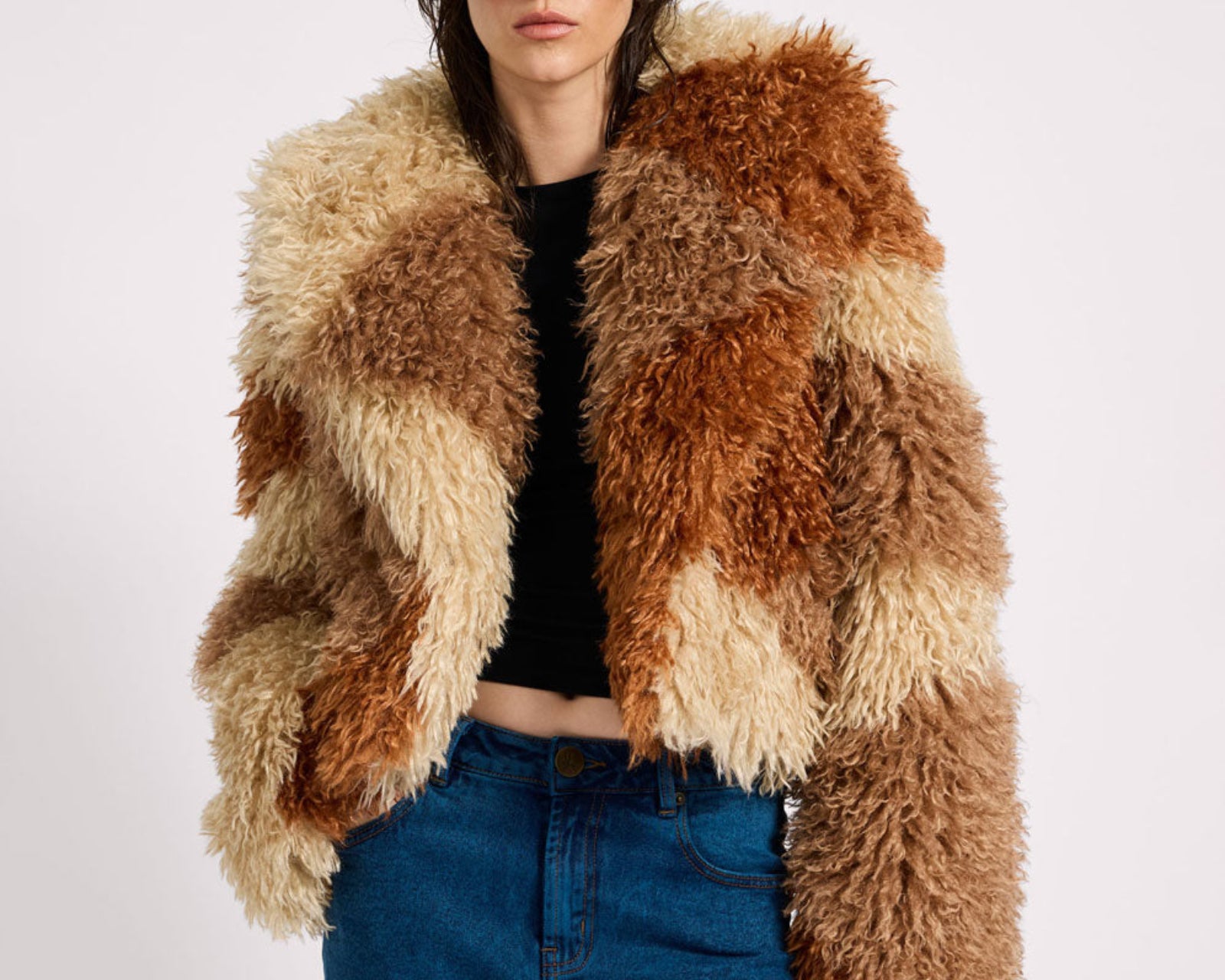 Mongolian Cropped Faux Fur Jacket - Tan