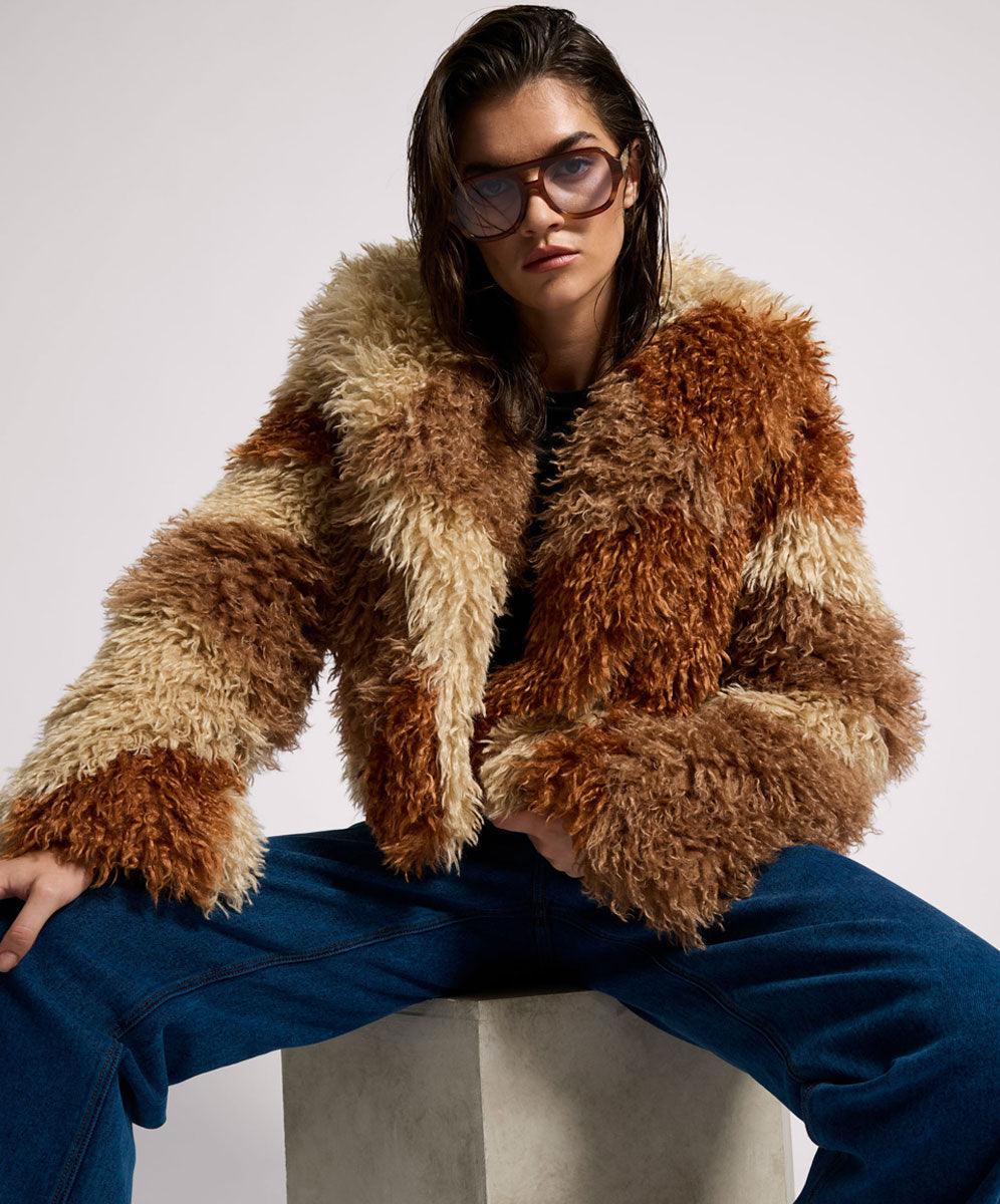 【Anyone more】Coen Suede China Crop Fur Jacket Mongolian Cropped Faux Fur Jacket - Tan | One Teaspoon
