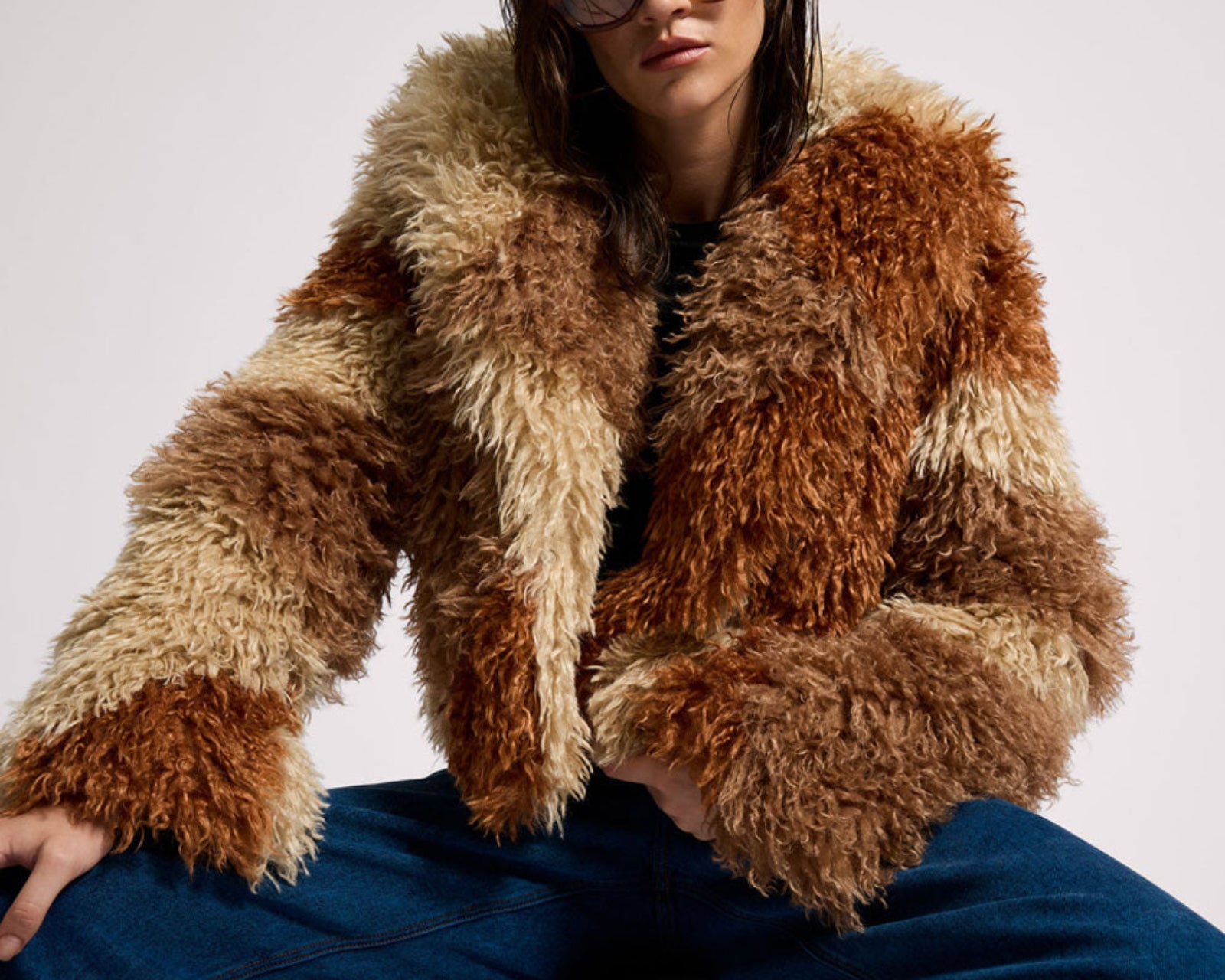 Mongolian Cropped Faux Fur Jacket - Tan