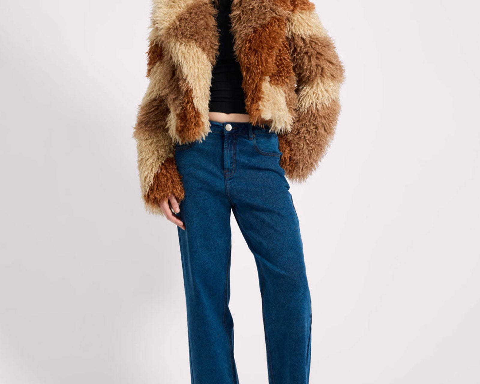 Mongolian Cropped Faux Fur Jacket - Tan