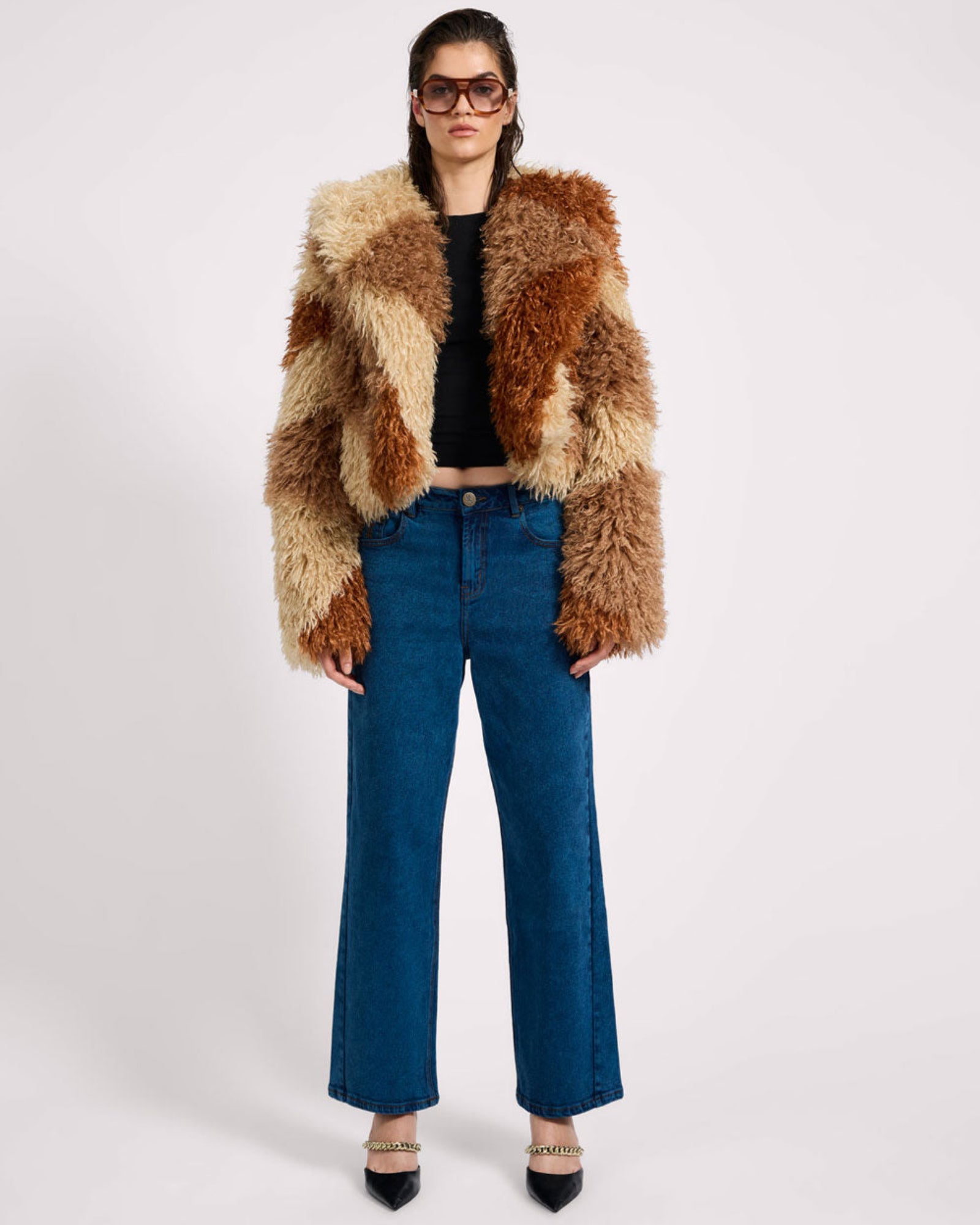 Mongolian Cropped Faux Fur Jacket - Tan | One Teaspoon