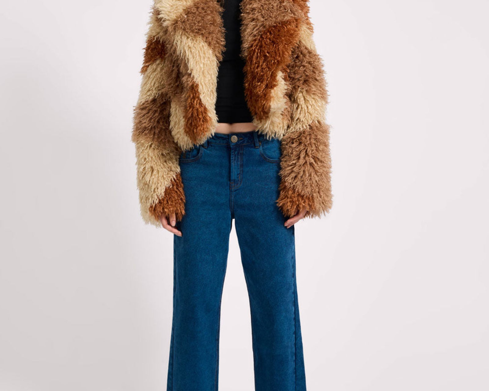 Mongolian Cropped Faux Fur Jacket - Tan