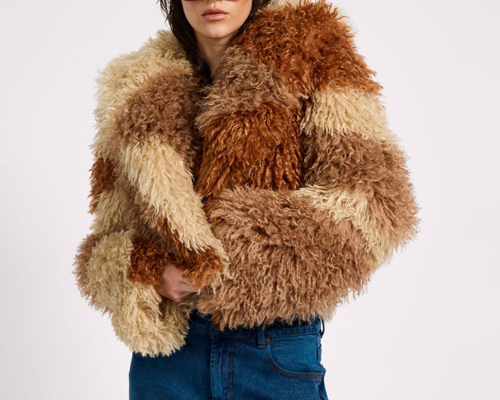 Mongolian Cropped Faux Fur Jacket - Tan
