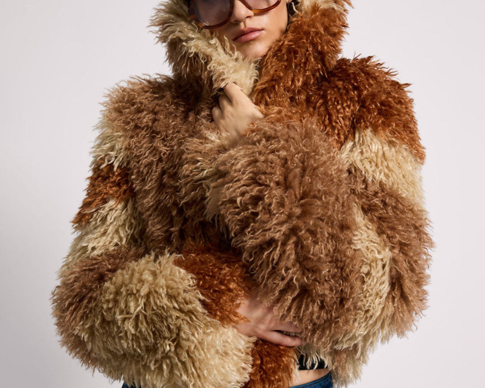 Mongolian Cropped Faux Fur Jacket - Tan