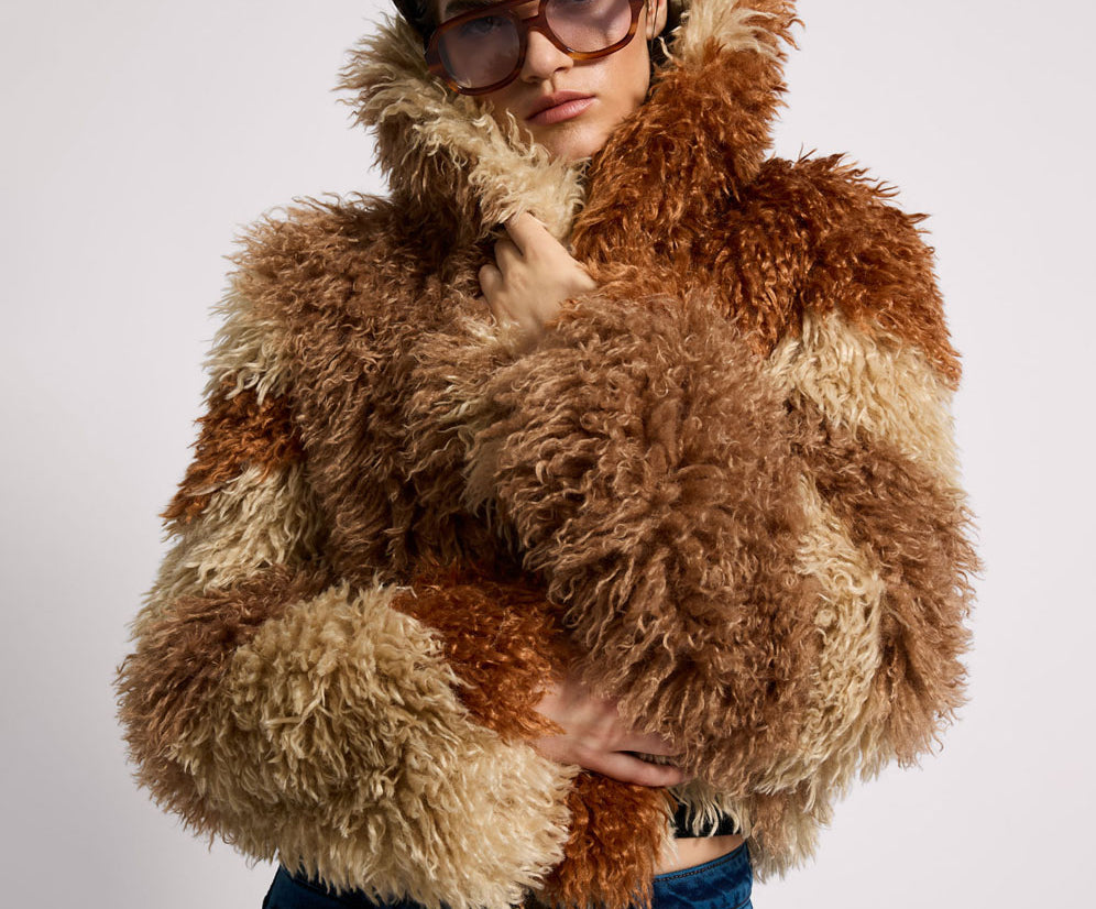 Mongolian Cropped Faux Fur Jacket - Tan