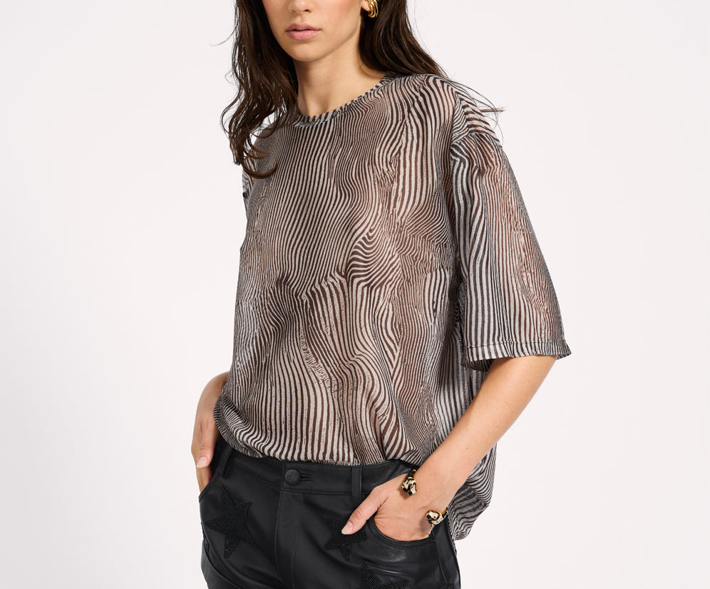 Mesh Striped Oversized Kobe Tee - Grey Zebra Print