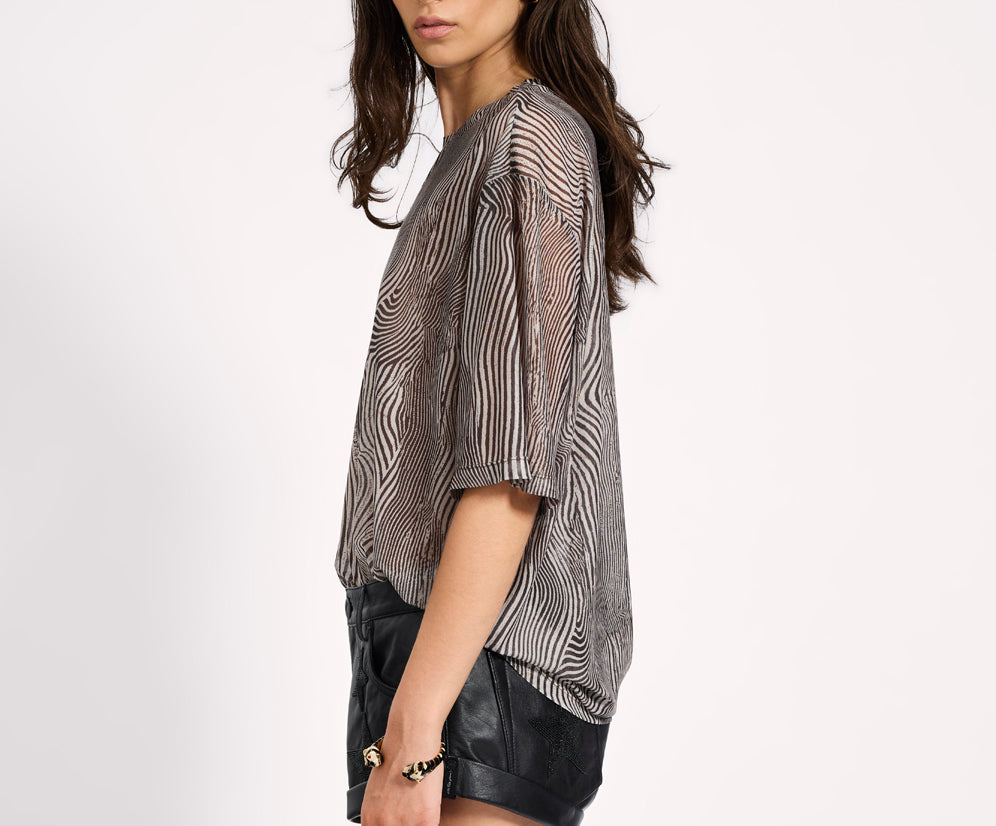 Mesh Striped Oversized Kobe Tee - Grey Zebra Print