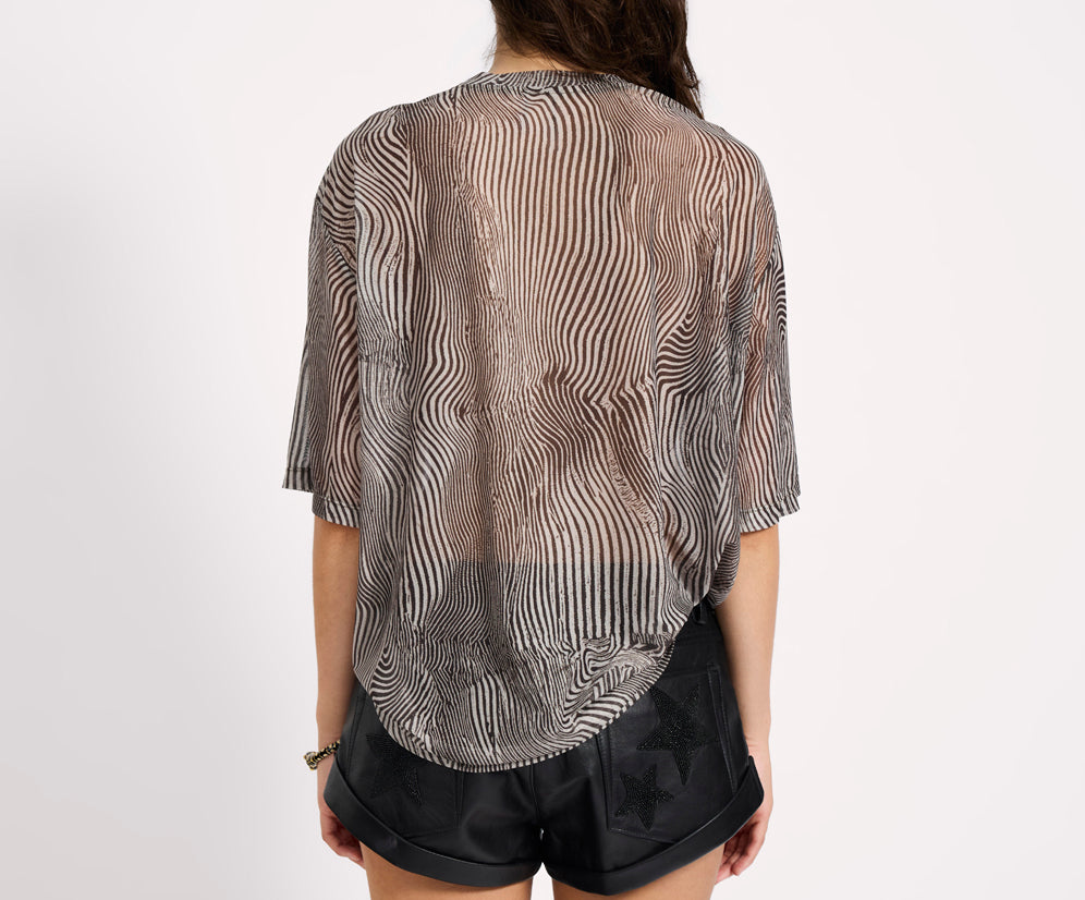 Mesh Striped Oversized Kobe Tee - Grey Zebra Print