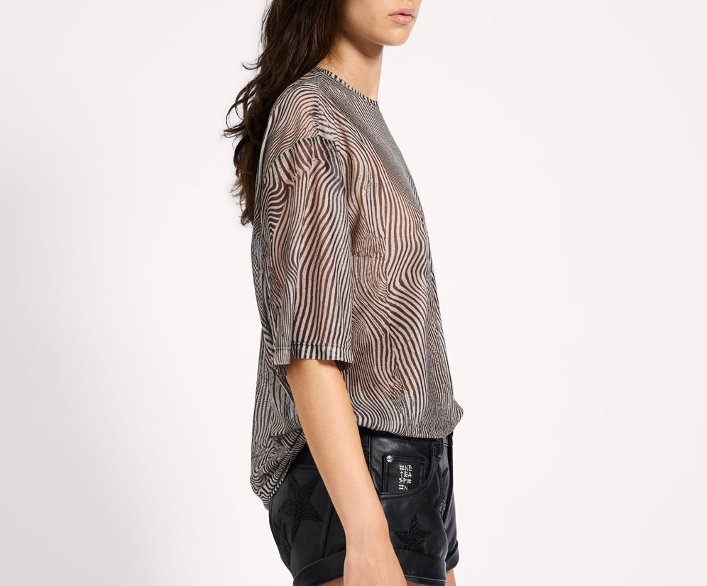 Mesh Striped Oversized Kobe Tee - Grey Zebra Print